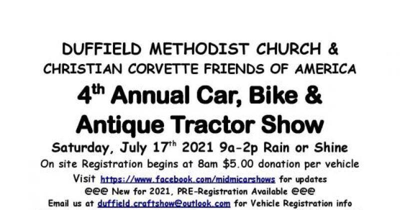 Duffield Methodist Church 4th Annual Car, Bike & Antique Tractor Show